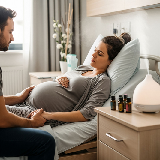 A woman sitting in labour with her partner, whilst using essential oils to relax her.